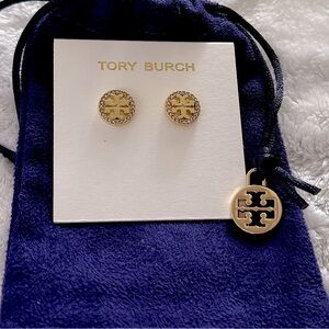 TORY BURCH: Gold Miller Pavé Stud Earrings. Tory Burch storage bag included.
